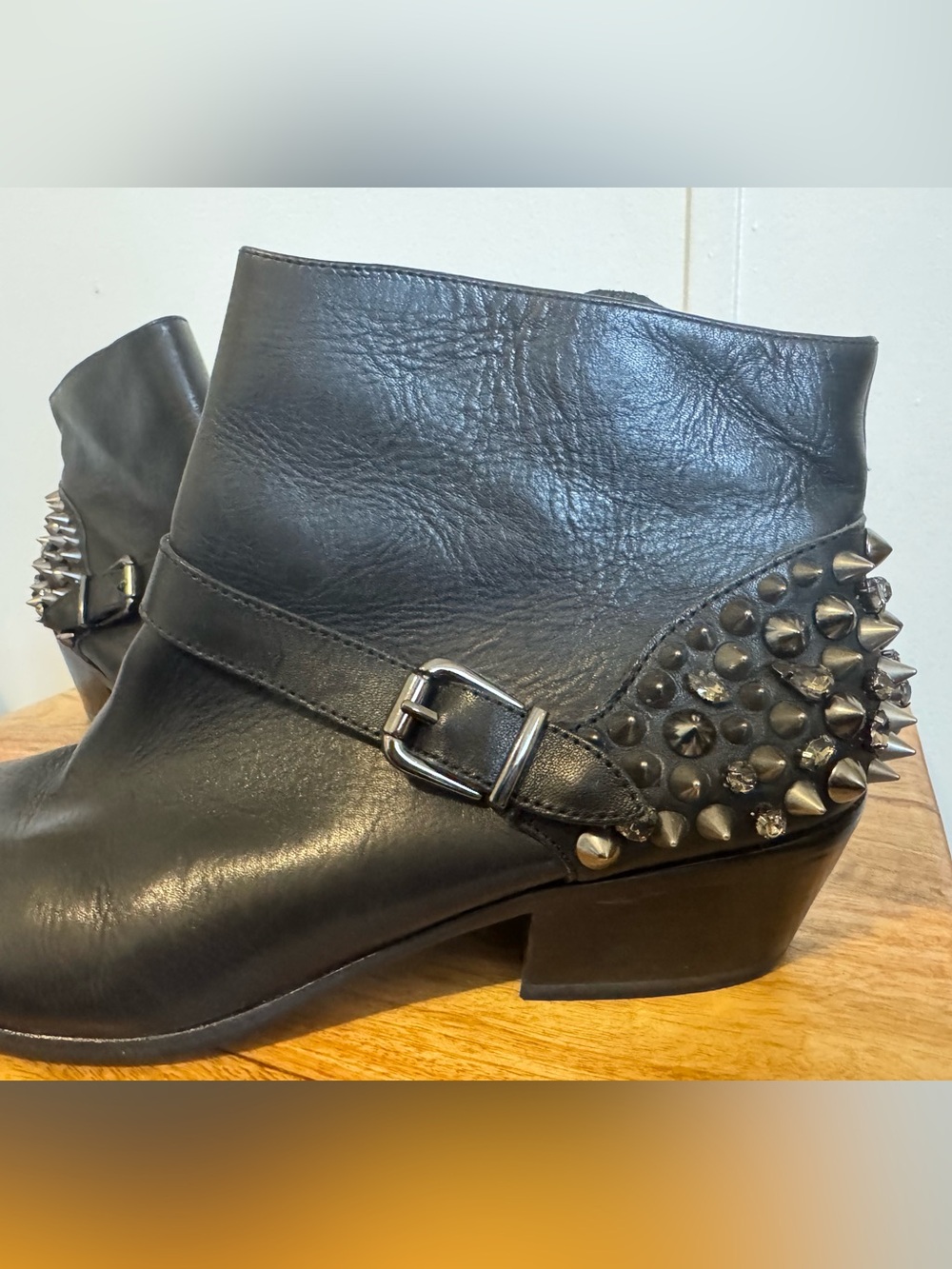 Sam Edelman Pax Black Leather Ankle Boots with Stud and Crystal Heel